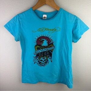 Ed Hardy Shirt Women’s Short Sleeve Y2K Eagle Skull Logo Blue Small